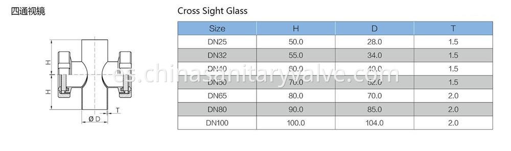 Cross type sight glass dimensions
